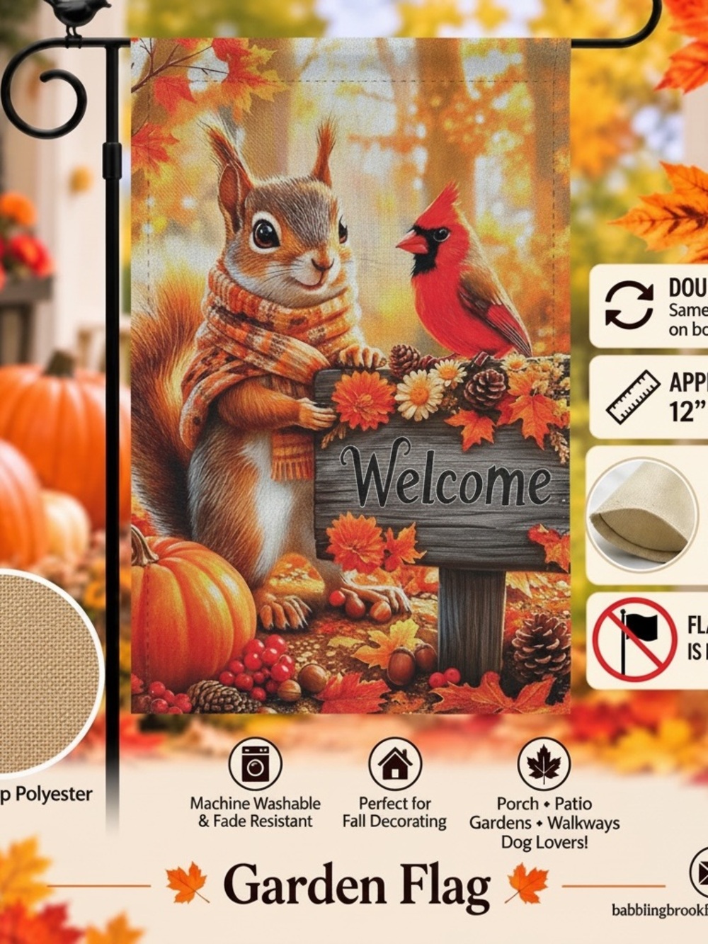 Autumn Squirrel & Cardinal Welcome Garden Flag - Orange